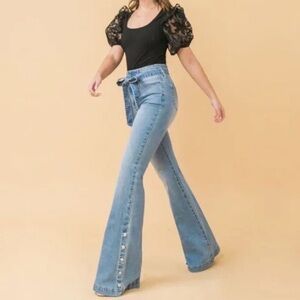 Denim by Jealous Tomato Wide Flare Leg Jeans w/ Denim Tie Belt & Snap Side S